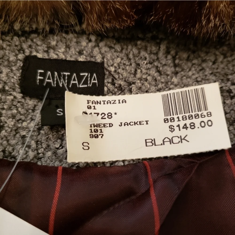 Fantazia Tweed Jacket with Fur Collar Size Small Black & Gray NWT